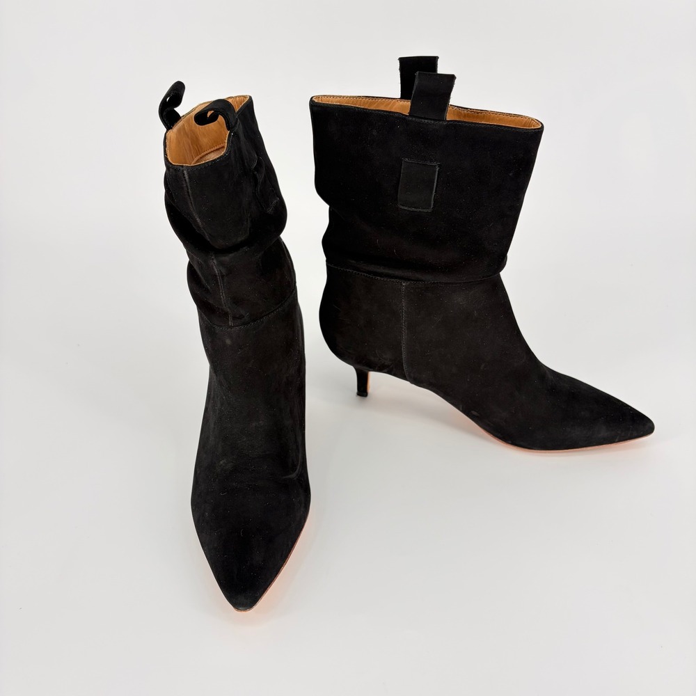 Bill Blass Black Suede Slouchy Pointed-Toe Kitten Heel Boots Mid Calf Womens 10
